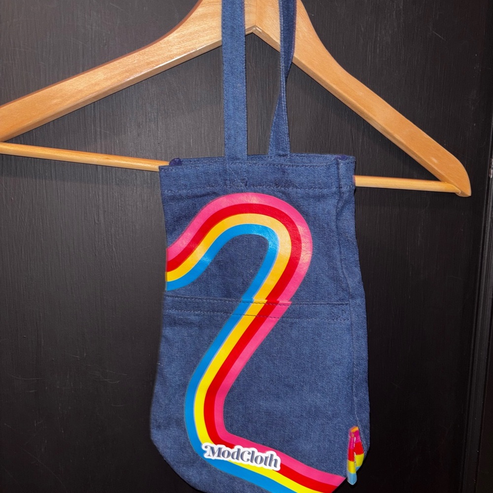 ModCloth Groovy Denim Rainbow Wine Mini Tote Bag - Blue Denim with Retro Stripe